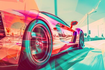 Cyber dream: A risograph print blends a futuristic supercar with a palm beach road scene, creating a hauntingly beautiful double exposure captured with an ultra-wide lens - obrazy, fototapety, plakaty