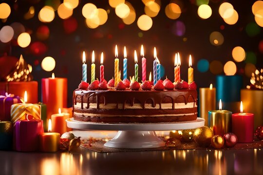 birthday cake adorned with candles, illuminated by a mesmerizing display of bright lights bokeh