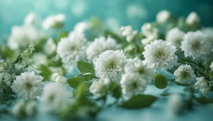 A light blue backdrop framed by white and green flowers, evoking a serene, fresh ambiance.
