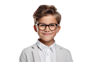 Young Boy in White Shirt Wearing Glasses. On a White or Clear Surface PNG Transparent Background.