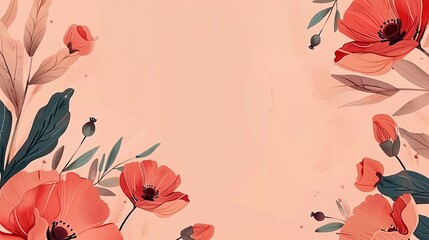 Floral background with red poppies on a soft peach canvas, Concept of spring, nature, and elegant wallpaper design