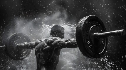 Freeze-frame the explosive power of a weightlifter mid-lift, the barbell straining against the sheer force of their muscles. - obrazy, fototapety, plakaty