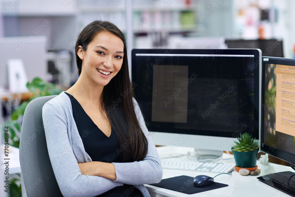 Poster woman, smile and portrait with computer in office for internet, research online and website for comp