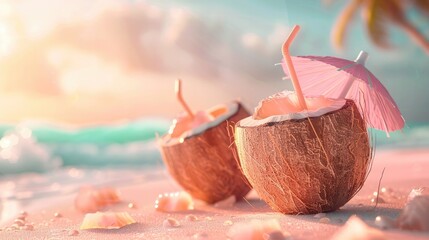 Colorful Coconut Drinks with Swirly Straws and Decorative Umbrellas Against a Tropical Beach Backdrop