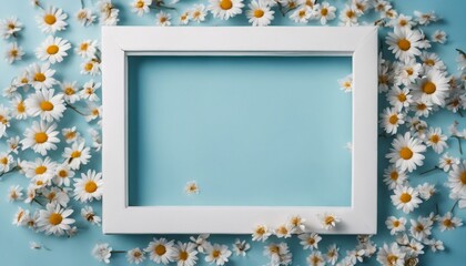 A light blue backdrop with a white square frame enveloped by white daisies and cherry blossoms, their petals scattered.