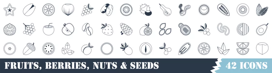 Fotobehang Set of 42 outline icons related to Spring fruits, berries, nuts and seeds . Vector linear icon collection. Editable stroke.   © Liubov Shevtsova