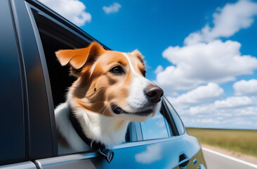 A dog peeks out from the window of a moving car with a happy expression on its face. Blue sky and clouds background. Holidays and vacation travel concept 