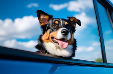A dog peeks out from the window of a moving car with a happy expression on its face. Blue sky and clouds background. Holidays and vacation travel concept 