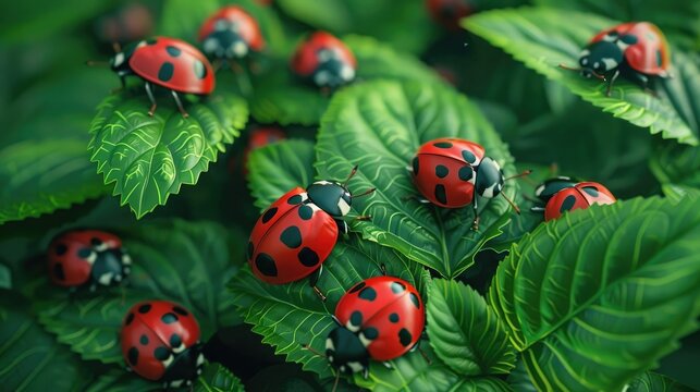 Charming Ladybugs Crawling on Lush Green Foliage in Natural Garden Setting