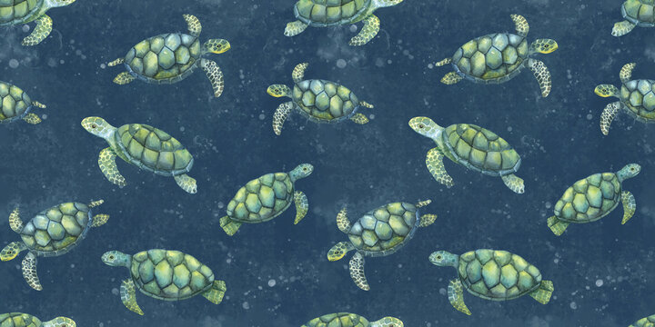 Watercolor seamless pattern with swimming turtles isolated on dark blue background.
