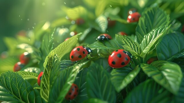 Spotted Ladybugs Crawling on Lush Green Foliage in Springtime Nature Scene