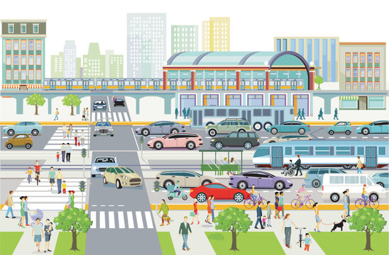 Stadtsilhouette einer Stadt mit Verkehr und Menschen am Bahnhof, illustration