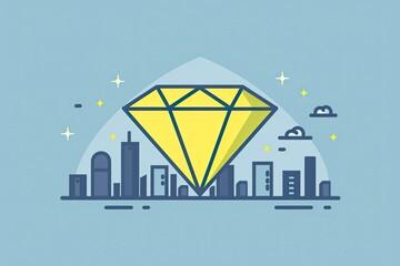 Minimalist geometric cityscape with a prominent diamond, symbolizing urban growth and preciousness - Concept of city life, growth, and minimalism - obrazy, fototapety, plakaty