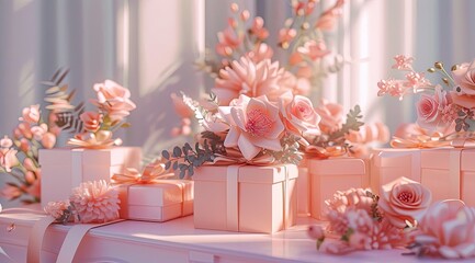 some gift boxes are on a table full of flowers, in the style of digital art techniques, light silver, colorful dreams, unreal engine 5, award-winning, delicate, soft gradients