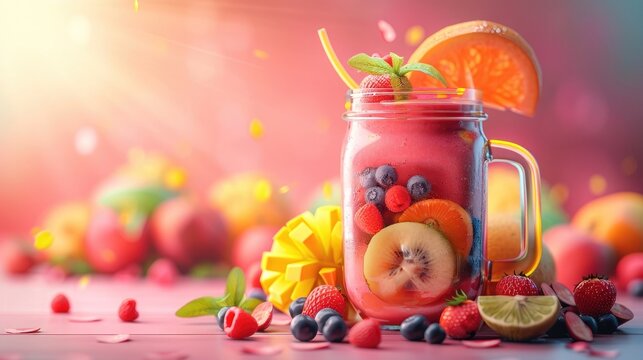 Blended Smoothie Drink with Assorted Fresh Fruits in Mason Jar on Colorful Background with Copy Space for Healthy Lifestyle and Recipe Concept