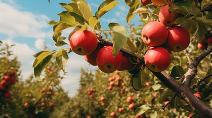 A branch with red apples in an apple orchard