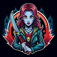 Fototapeta na wymiar Summon the Chills Design a spine-tingling t-shirt sticker featuring a horror girl wielding a menacing sword in the dead of night