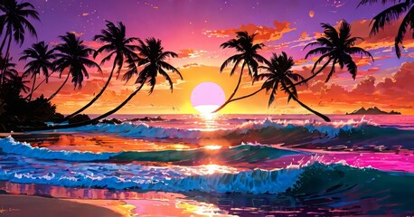A digitally-created vibrant sunset casts a radiant glow over the sea and silhouetted palm trees. The artwork's vivid colors create a mesmerizing tropical paradise. AI generation - obrazy, fototapety, plakaty