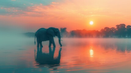 Lonely elephant stands on foggy lake at sunset,copy space,high luxury details,illustration,isolated on a light background