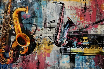 Graffiti  collage jazz culture,  pop art brilliance, lo-fi looks aesthetic concept. - obrazy, fototapety, plakaty