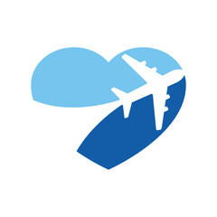 Logo i love travel. Silueta de corazón con avión en espacio negativo para agencia de viajes - 770550720