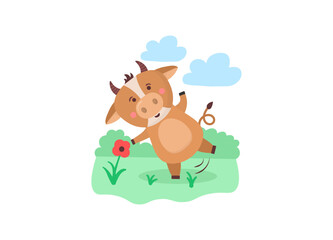 Happy Chinese 2021 year calendar template design with cute cow. 2021 calendar design with bull with hobbies in different seasons of the year. Set of 12 months. Year of the bull. Vector illustration.
