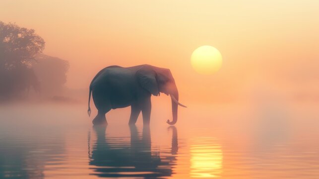 Lonely elephant stands on foggy lake at sunset,copy space,high luxury details,illustration,isolated on a light background