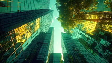 Reflective skyscrapers, business office buildings. low angle view of skyscrapers in city, sunny day. Business wallpaper with modern high-rises with mirrored windows. Generative AI - obrazy, fototapety, plakaty
