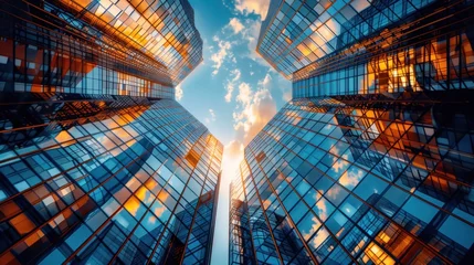 Fotobehang Reflective skyscrapers, business office buildings. low angle view of skyscrapers in city, sunny day. Business wallpaper with modern high-rises with mirrored windows. Generative AI © 2D_Jungle