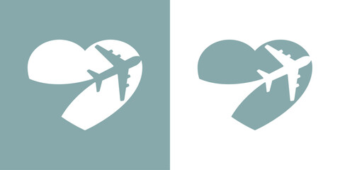 Logo i love travel. Silueta de corazón con avión en espacio negativo para agencia de viajes - 770550945