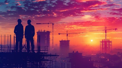Silhouette of Engineer and worker on building site, construction site at sunset in evening time