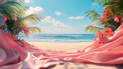 Vibrant Tropical Beach Paradise with Swaying Palm Trees,Flowing Sarongs,and Serene Ocean Vistas - obrazy, fototapety, plakaty