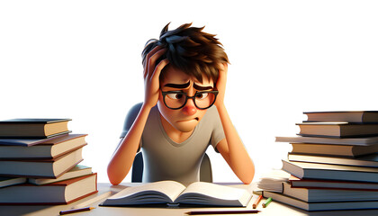 student man showing signs of anxiety due to upcoming exams. he is seated at a desk, surrounded by open textbooks and notes - obrazy, fototapety, plakaty