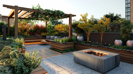An elegant outdoor terrace with blooming plants, a fire feature, and warm lighting