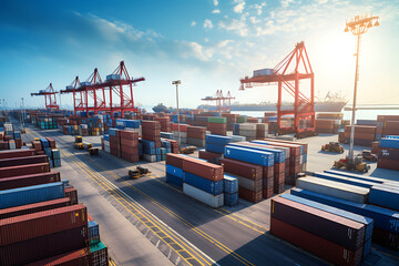 Container terminal bustling with activity, cranes towering over stacked cargo with trucks in transit under a clear sky. Generative ai