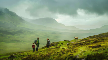 Family Hike in Rainy Highland Terrain