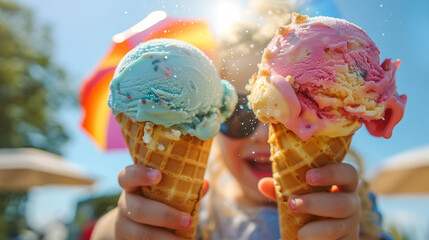 Happy smiling girl is holding huge waffle cones with colorful bright balls of ice cream in her hands. Happy sunny summer day.  Summer Equinox Solstice