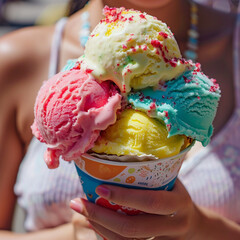 Young woman is holding a huge waffle cone with colorful bright balls of ice cream in her hand. Happy sunny summer day.  Summer Equinox Solstice