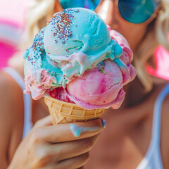 Young blond woman is holding a huge waffle cone with many pastel blue and pink balls of ice cream. Happy sunny summer day.  Summer Equinox Solstice