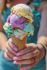 Young woman with pink manicure is holding a huge waffle cone with many colorful bright balls of ice cream. Happy sunny summer day.  Summer Equinox Solstice