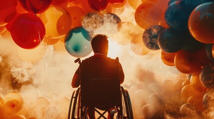 happy person with disability in a wheelchair among multi-colored balloons enjoying life and smiling - obrazy, fototapety, plakaty