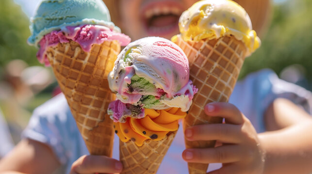 Happy child is holding waffle cones with many colorful bright balls of ice cream. Happy sunny summer day.  Summer Equinox Solstice
