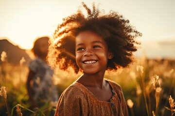 Smiling dark skinned little girl standing in a blurred background field with golden hour light