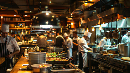 A bustling open kitchen restaurant with chefs at work and a cozy dining area. - obrazy, fototapety, plakaty