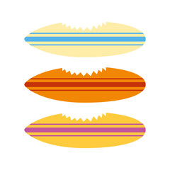 Logo club de surf. Set de tablas de surf con mordisco de tiburón