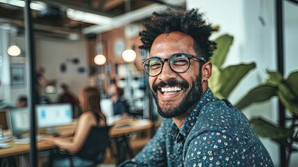 Obraz premium man who is smiling brightly in the office, Having fun at work day , Generative Ai 