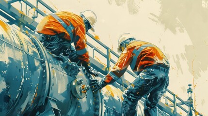 Obraz premium Two petrochemical workers inspecting pressure valves on a fuel tank