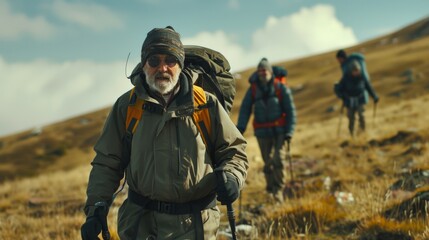 Fototapeta premium An elderly man with a gray beard, leading a group of hikers in the mountain landscape, showing experience and endurance