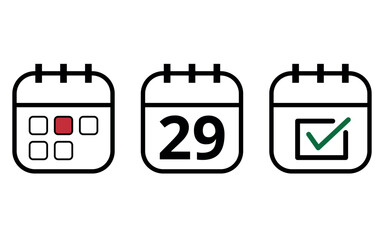 Three hollow calendar flat icons isolated on white background, Calendar icon with specific day marked, day 29. Icons for websites, blogs and graphic resources.