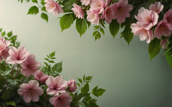 a banner is around by delicate pink flowers and lush green leaves against a soft light background. The composition exudes the freshness and vibrancy of the season, leaving ample space for copyspace